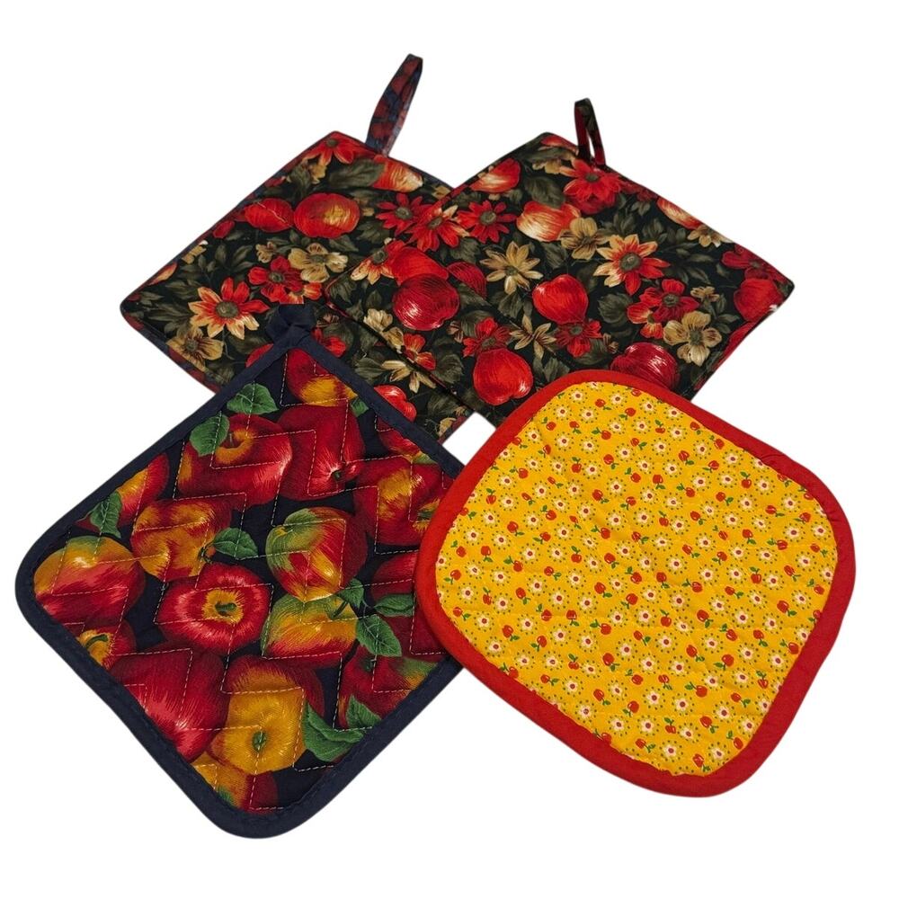 Apple Hotpads Set of 4 Mismatched Red Yellow Green Cottage Core Fall Potholders